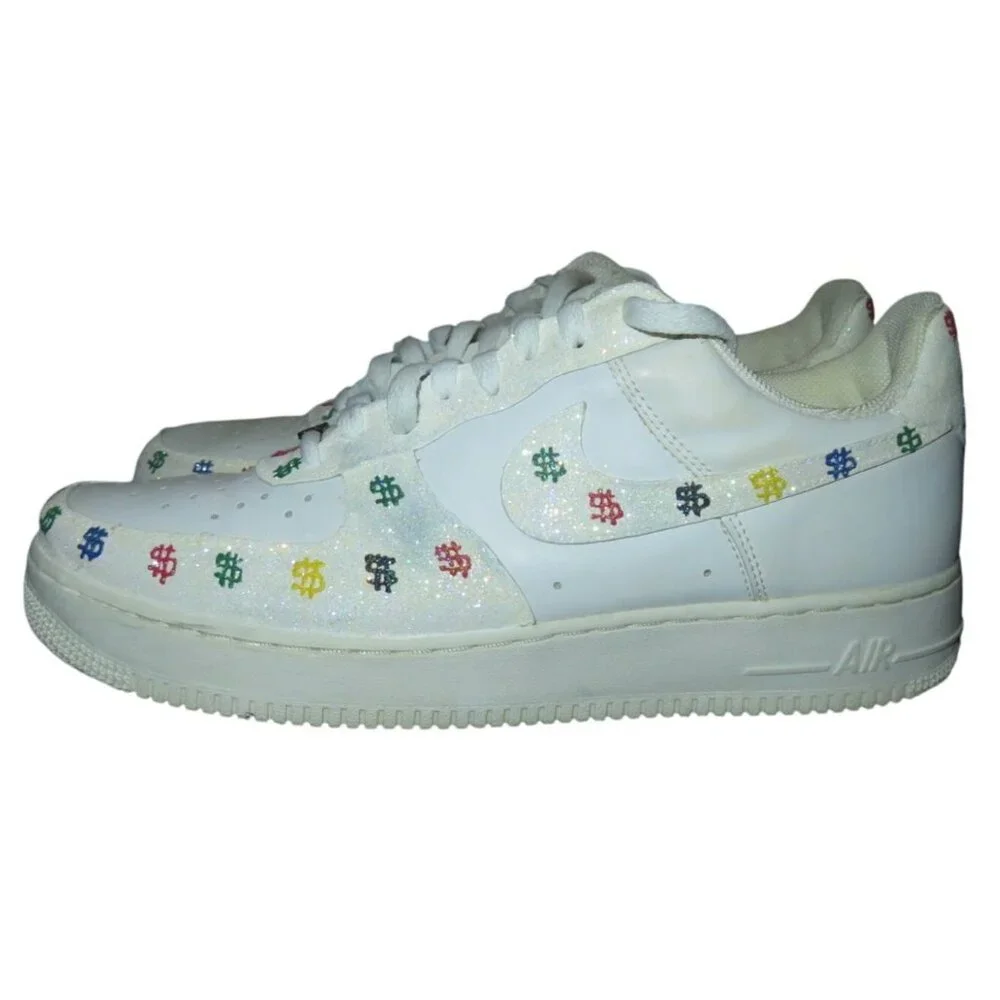 Nike Air Force 1 White Leather Custom Dollar Signs Glow Sparkly sneakers sz 11